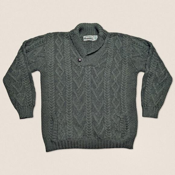 Vintage Grandpa Chunky Wool Cowl Neck Green Sweater Aran Crafts Size XL - Picture 1 of 4